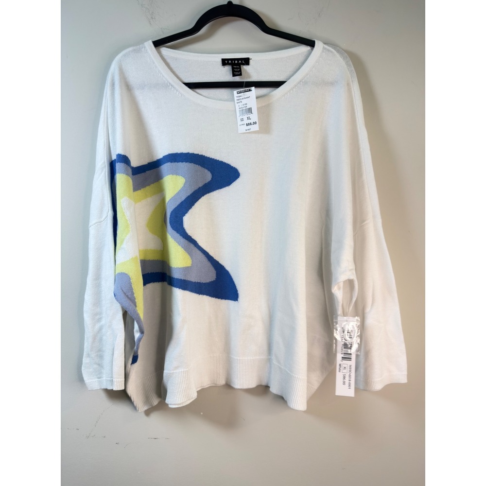 Tribal White‎ Blue Yellow Star Graphic Knit Sweater Boxy Casual Size XL NWT